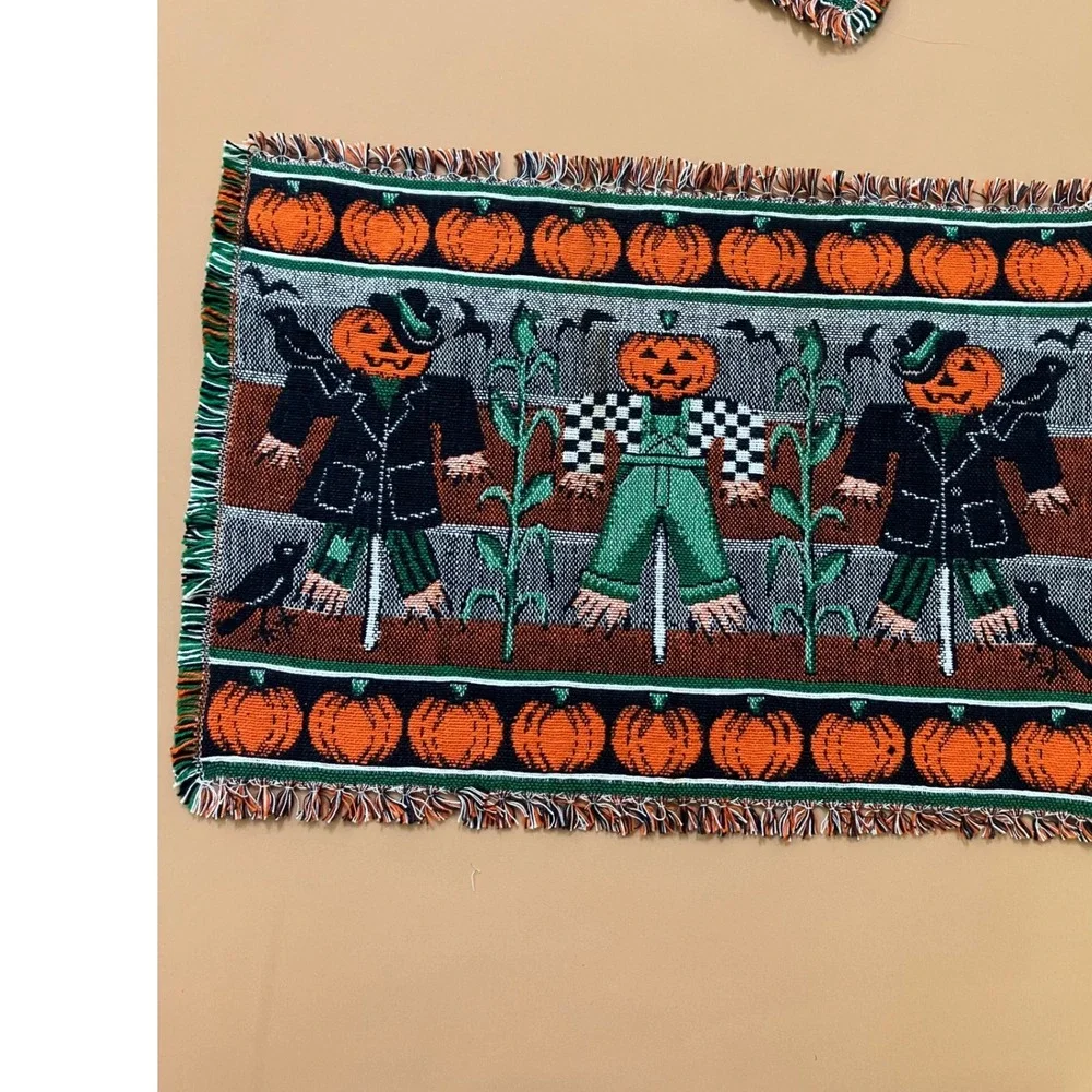 Halloween Placemats Set of 5 Pumpkin Scarecrow Fall Decor Woven Tapestry Holiday